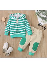 2pcs Baby Boy Striped Long-sleeve Hoodie and Colorblock Pants Set