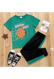 2-piece Kid Boy Letter Basketball Print Tee and Colorblock Elasticized Pants Set