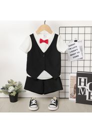 2pcs Toddler Boy Gentleman Suit, Faux-two Vest & Bow tie Design Top and Black Shorts Set