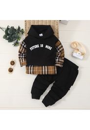 2pcs Toddler Boy Faux-two Plaid Splice Letter Print Hoodie Sweatshirt and Pants Set