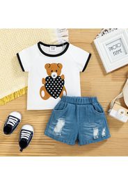 100% Cotton 2pcs Baby Boy Cartoon Bear Print T-shirt and Ripped Denim Shorts Set