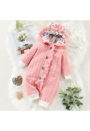 3D Ears Hooded Long-sleeve Ruffle Pink Thickened Lined Baby Jumpsuit