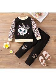 2pcs Toddler Girl Cat Leopard Print Pullover and Black Pants set