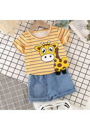 2pcs Baby Boy/Girl Cartoon Giraffe Print Striped Short-sleeve Tee and Denim Shorts Set