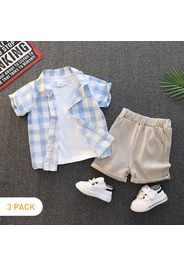 3pcs Toddler Boy Casual White Tee, Plaid Shirt and Elasticized Shorts Set