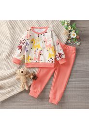 2-piece Toddler Girl Deer Print Waffle Textured Long-sleeve Top and Solid Color Pants Set