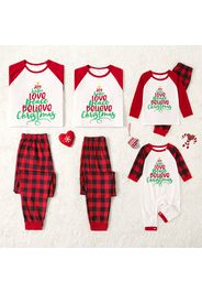 Christmas Letter Print Red Family Matching Raglan Long-sleeve Plaid Pajamas Sets (Flame Resistant)