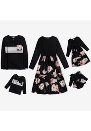 Family Matching Floral Print Black Long-sleeve Belted Splicing Dresses and Striped T-shirts Sets