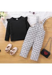 2pcs Toddler Girl Ruffled Ribbed Long-sleeve Black Tee and Tweed Plaid Overalls Set