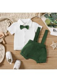 2pcs Baby Boy Knitted Short-sleeve Button Up Bow Tie Shirt and Suspender Shorts Set