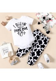 2pcs Baby Girl Letter Print Short-sleeve Romper and Cow Print Pants Set