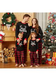 Christmas Antlers and Letter Print Black Family Matching Long-sleeve Plaid Pajamas Sets (Flame Resistant)