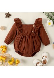 Baby Girl Solid Brown/White Floral Print Square Neck Long-sleeve Ruffle Romper