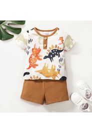 2pcs Baby Boy Button Design All Over Dinosaur Print Short-sleeve T-shirt and Solid Shorts Set