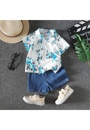 2pcs Baby Boy 100% Cotton Denim Shorts and All Over Floral Print Short-sleeve Button Up Shirt Set