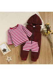 2pcs Baby Striped Long-sleeve T-shirt and Sleeveless Hooded Jumpsuit Set