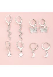 8-pack Butterfly Star Moon Snake Silver Hoop Earrings