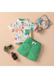 2pcs Baby Boy/Girl Cartoon Animal Print Short-sleeve Polo Shirt and Solid Shorts Set