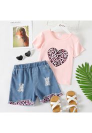 2-piece Kid Girl Leopard Heart Print Tee and Ripped Denim Shorts Set