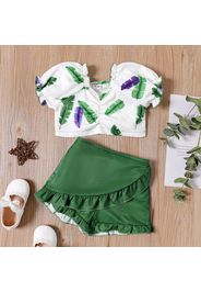 2pcs Toddler Girl Floral Leaf Print Ruffled Puff-sleeve Tee and Green Shorts Set