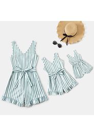 Green Striped V Neck Sleeveless Belted Ruffle Romper for Mom and Me