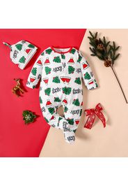 Christmas 100% Cotton 2pcs Baby Boy/Girl All Over Xmas Tree Print White Long-sleeve Footed Jumpsuit Set