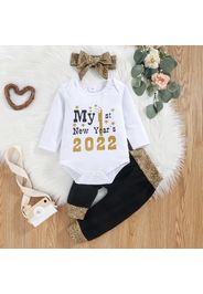 New Year 3pcs Baby Girl Letter and Number Print Long-sleeve Romper with Trousers Set