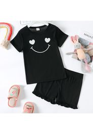 2-piece Kid Girl Smile Print Short-sleeve Tee and Ruffled Elasticized Shorts Set