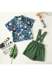 2pcs Toddelr Boy Boho Floral Animal Print Shirt and Suspender Shorts Set