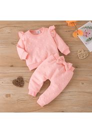 2pcs Baby Girl Pink Love Heart Textured Ruffle Trim Long-sleeve Pullover and Bow Front Pants Set