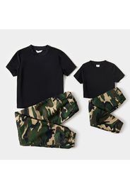 Black Short-sleeve Crop Top T-shirts and Camouflage Pants Sets for Mom and Me