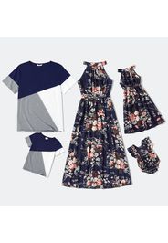 Family Matching Floral Print Halter Neck Sleeveless Maxi Dresses and Colorblock Short-sleeve T-shirts Sets