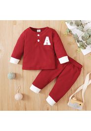 2pcs Baby Boy/Girl Letter Embroidered Waffle Long-sleeve Top and Trousers Set