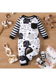 Baby Boy All Over Cartoon Elephant Print Striped Long-sleeve Jumpsuit