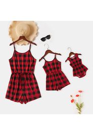 Red and Black Plaid Print Sling Shorts Romper for Mom and Me
