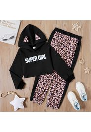 2-piece Kid Girl Letter Print Ear Design Hoodie Sweatshirt and Leopard Print Pants Set