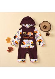 Thanksgiving Day Letter Print Brown Splicing Long-sleeve Baby Hooded Jumpsuit