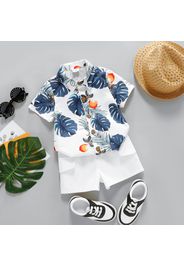 2pcs Toddler Boy Floral Leaf Print Lapel Collar Short-sleeve Shirt and White Shorts Set