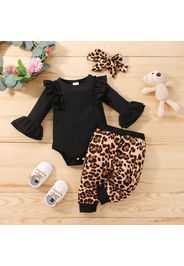 3pcs Baby Girl Black Ribbed Ruffle Bell Sleeve Romper and Leopard Trousers Set