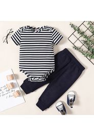 2pcs Baby Boy Striped Short-sleeve Romper and Solid Waffle Trousers Set