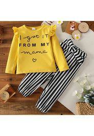 2-piece Toddler Girl Letter Print Ruffled Ribbed Long-sleeve Top and Stripe Paperbag Pants set