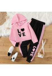 2pcs Kid Girl Letter Print Colorblock 3D Heart Design Hoodie Sweatshirt and Elasticized Pants Set