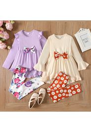 2pcs Kid Girl Bowknot Design Ruffled Long-sleeve Tee and Floral/Butterfly Print Leggings Set