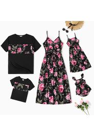 Family Matching All Over Floral Print V Neck Spaghetti Strap Dresses and Splicing Short-sleeve T-shirts Sets