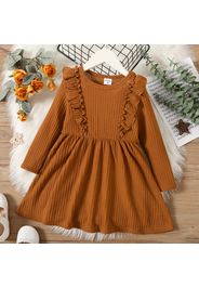 Toddler Girl Solid Ruffle Decor Long-sleeve Ginger or Brown Dress