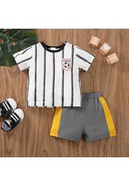 2pcs Baby Boy Soccer Patch Decor Striped Short-sleeve T-shirt and Colorblock Shorts Set