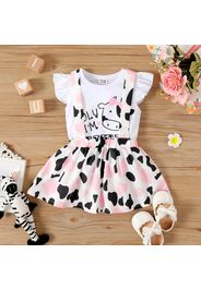 2pcs Baby Girl Letter and Cartoon Cow Print Flutter-sleeve Tee with Suspender Skirt Set