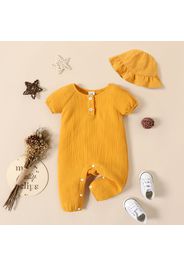 100% Cotton Crepe Baby Girl Solid Puff-sleeve Button Up Jumpsuit with Hat Set