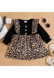 Baby Girl Black Ribbed Long-sleeve Splicing Leopard Ruffle Dress