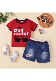 2pcs Baby Boy 100% Cotton Denim Shorts and Sunglasses & Letter Print Short-sleeve T-shirt Set